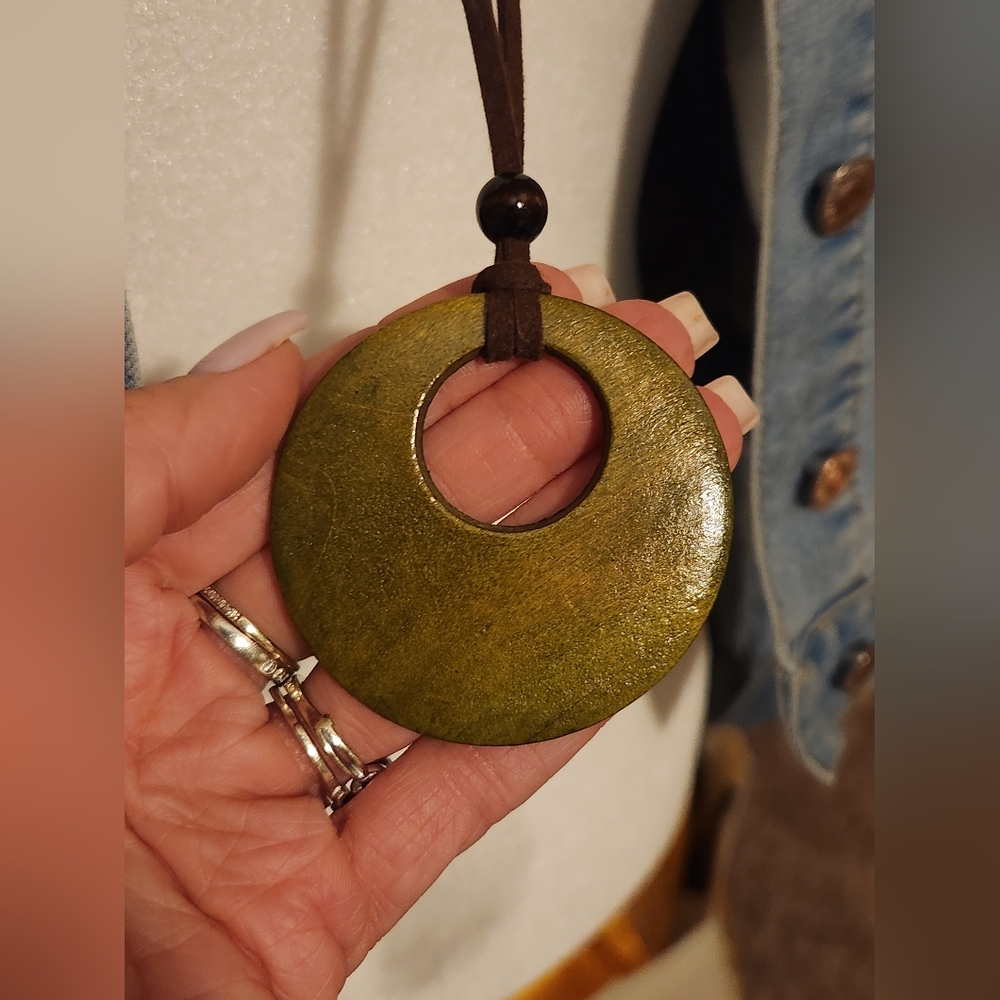 Green Wood Medallion Long Statement Necklace
